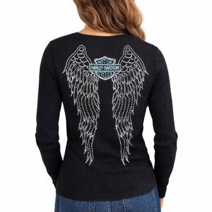 Harley Davidson Womens M Black Thermal Rhinestone Wing Shirt Flaming Gorge